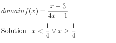 The domain of f(x)=(x-3)/(4x-1) is x< 1/4 \lor x> 1/4